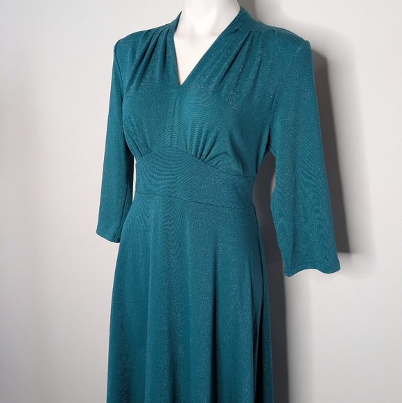 Belle Pogue Blue Shimmer V Neck Midi Dress M - Picture 2 of 7